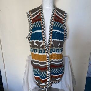 VTG 90s Coogi style Multicolor Aztec Western Vest Sweater Cardigan Women 9 Large